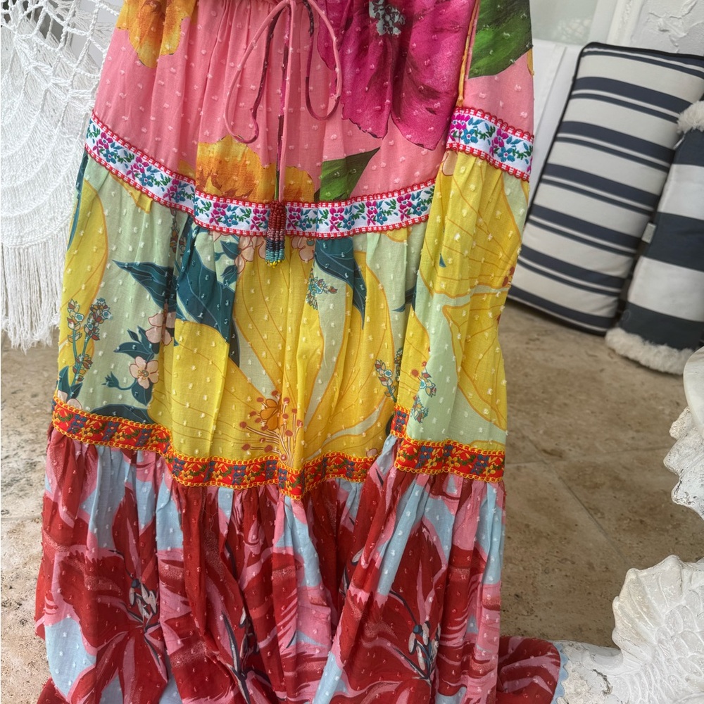 Farm Rio Floral Tiered Maxi Skirt in Pink, Yellow & Red